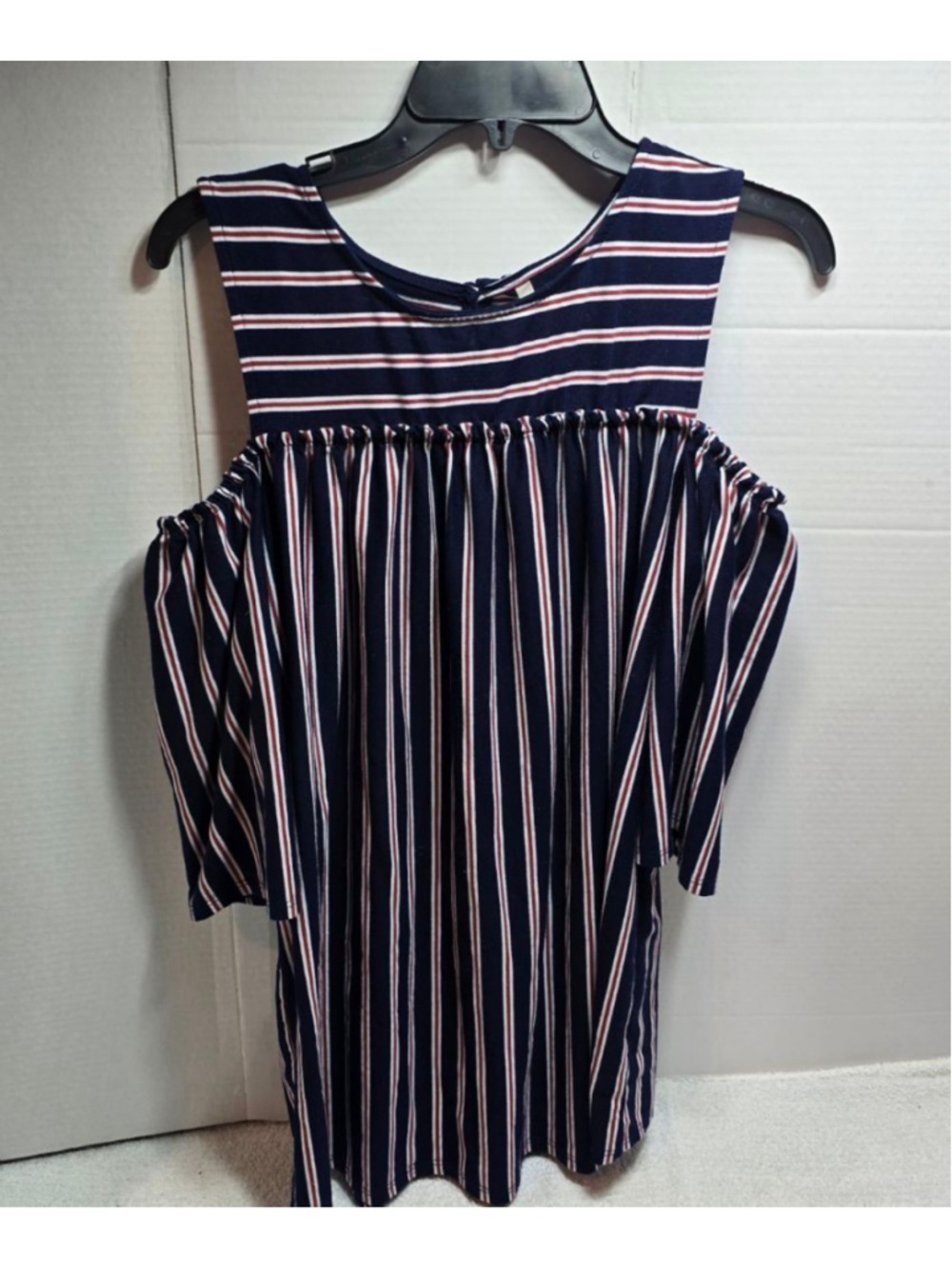 Women's My Story Navy Red Striped Cold Shoulder Top M
